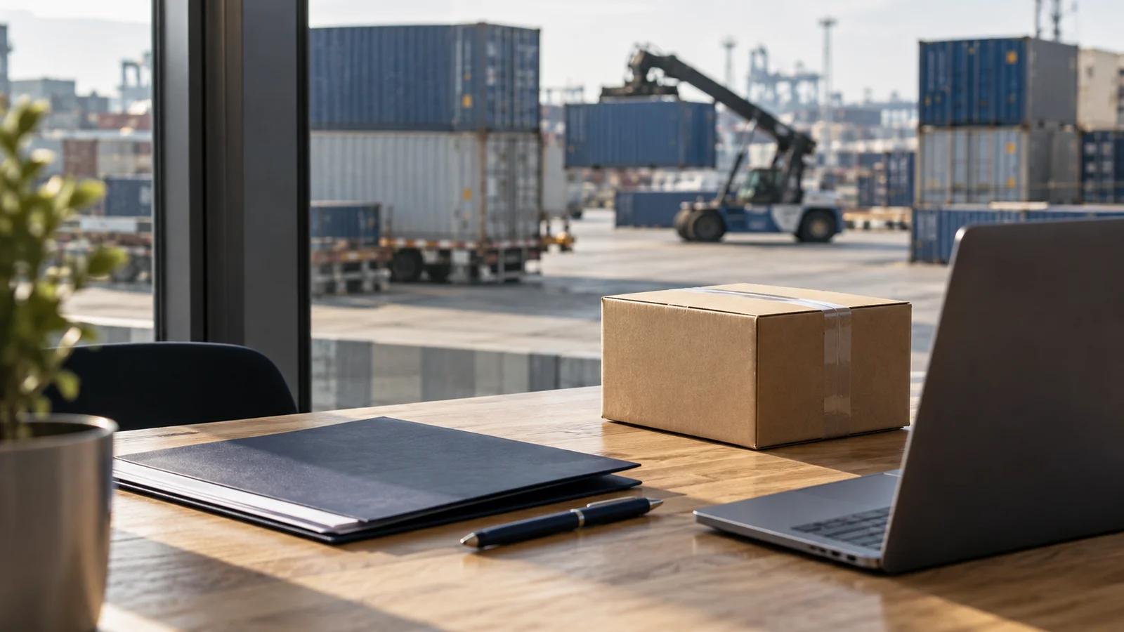 Documentos, computadora y caja sobre una mesa, con contenedores al fondo, como ilustración de coordinación de comercio exterior.