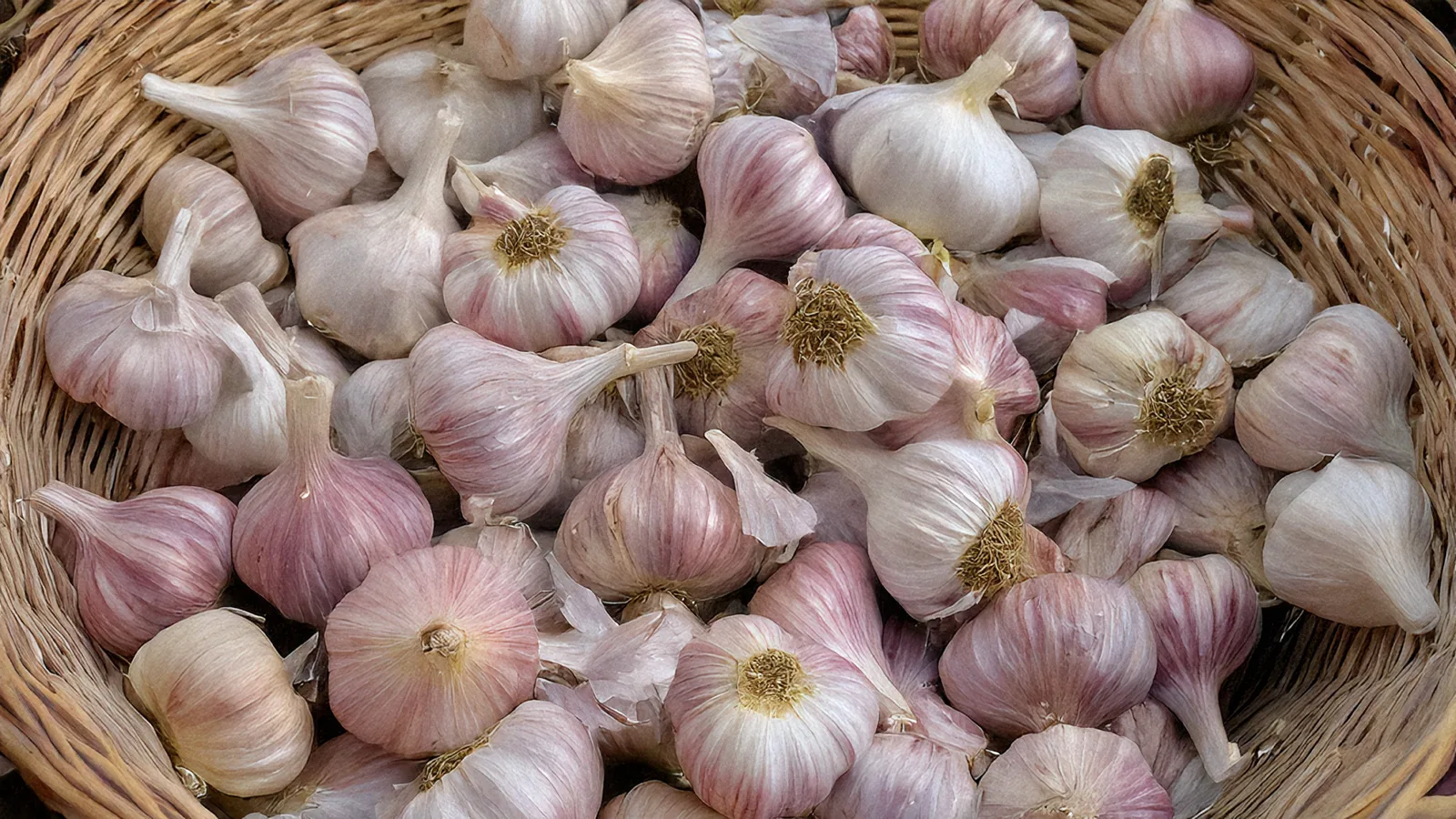 Cabezas de ajo con piel blanca y violeta